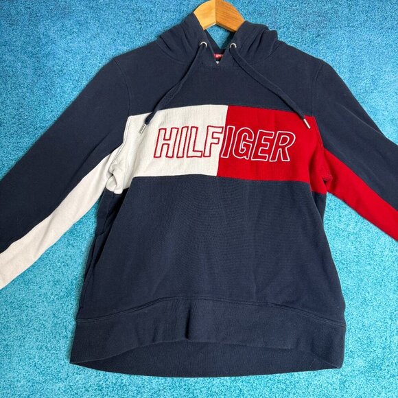 Tommy Hilfiger Hoodie Womens M Blue Hooded Sweatshirt Spellout Flag Logo - Picture 1 of 14
